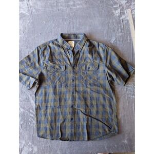 Dubinik Mens XL Short Sleeve Button Down Shirt Olive Green Navy Buffalo Check